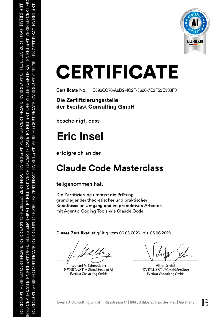 Zertifikat Claude Code Masterclass, EverlastConsulting, 2026, Eric Insel