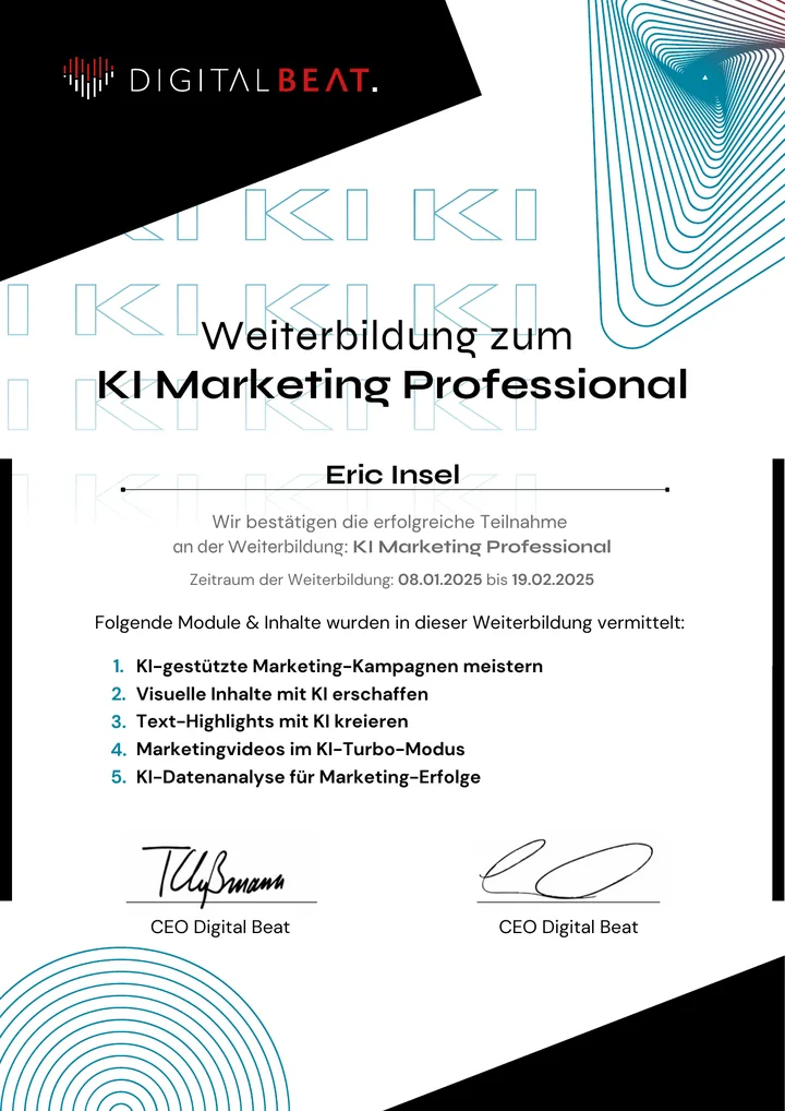 Zertifikat KI Marketing Professional, Digital Beat, 2025, Eric Insel