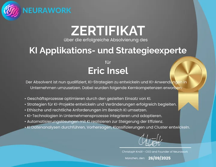 Zertifikat KI-Applikations- und Strategieexperte, Neurawork, 2025, Eric Insel