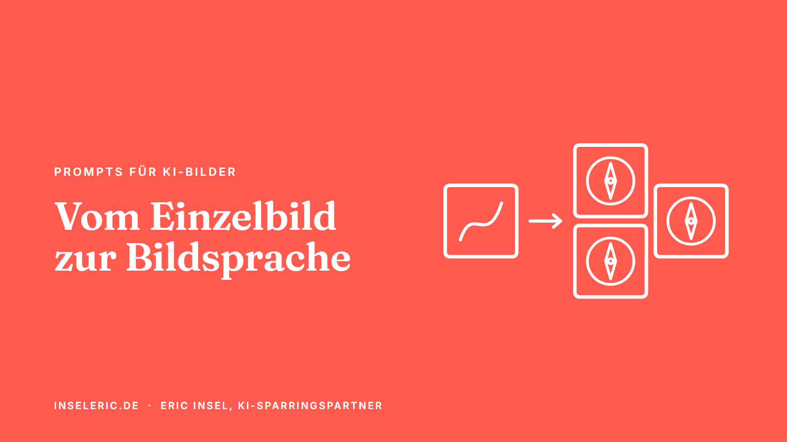 Titelbild: Ein einzelner Bildrahmen mit einer beliebigen Linie führt zu drei Rahmen mit derselben Kompassform. Vom Einzelbild zur einheitlichen Bildsprache.