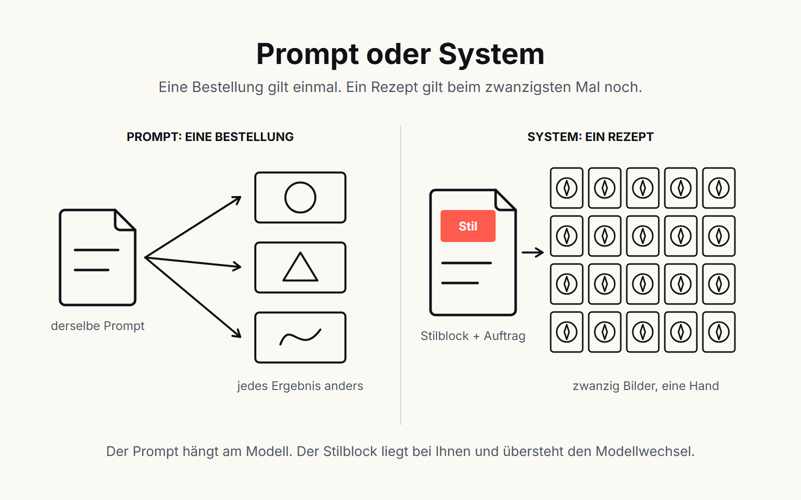 Schaubild Prompt oder System: Derselbe Prompt liefert drei verschiedene Ergebnisse. Ein Stilblock mit Auftrag liefert zwanzig Bilder mit derselben Handschrift, weil der Stilblock nicht am Modell hängt.